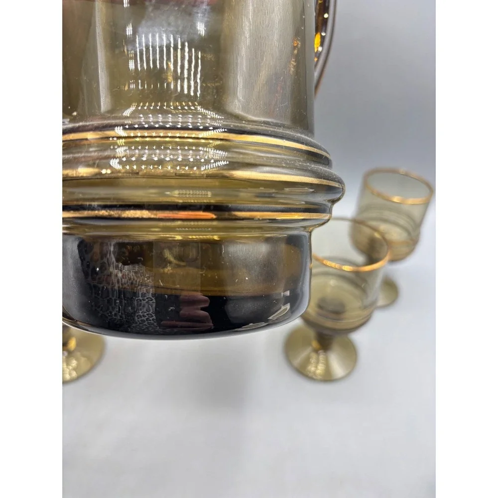 Vintage MCM Smoky Brown Glass Decanter Set Gold Rimmed 6 Cordial Glasses Barware